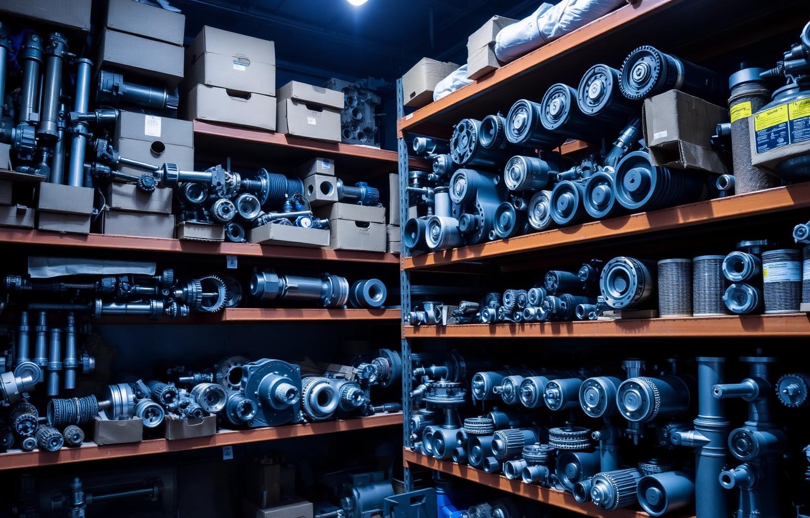 Warehouse shelves of heavy machinery spare parts