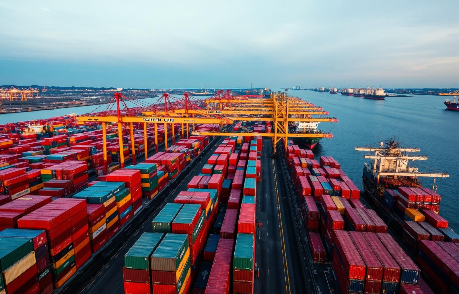 Container shipping port with cranes